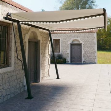 vidaXL Copertină retractabilă manual, cu LED, crem, 4,5x3 m vidaXL Copertină retractabilă manual, cu LED, crem, 4,5x3 m