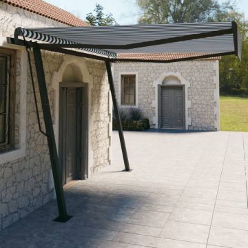 vidaXL Copertină retractabilă manual, cu stâlpi, albastru/alb, 4x3 m vidaXL Copertină retractabilă manual, cu stâlpi, albastru/alb, 4x3 m