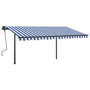 vidaXL Copertină retractabilă manual, stâlpi, albastru/alb, 4,5x3,5 m