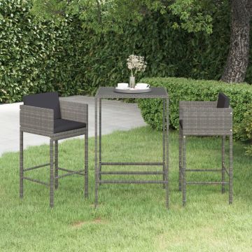 vidaXL Set mobilier bar de grădină, cu perne, 3 piese, gri, poliratan