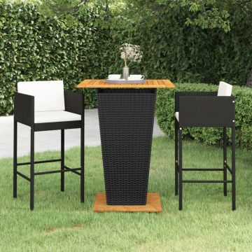 vidaXL Set mobilier bar de grădină cu perne, 3 piese, negru, poliratan