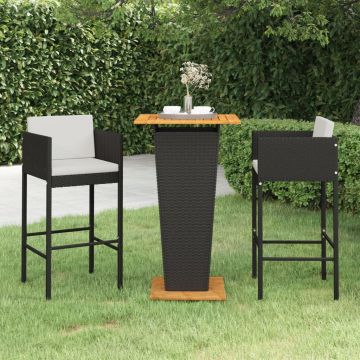 vidaXL Set mobilier bar de grădină cu perne, 3 piese, negru, poliratan