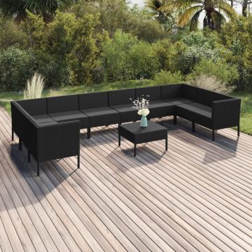 vidaXL Set mobilier de grădină cu perne, 11 piese, negru, poliratan
