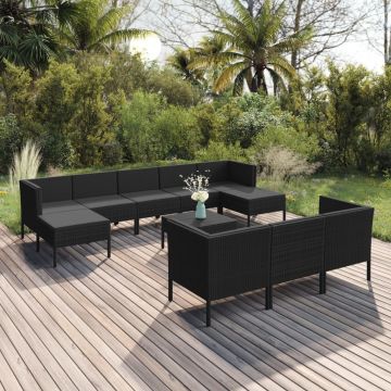 vidaXL Set mobilier de grădină cu perne, 11 piese, negru, poliratan