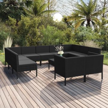 vidaXL Set mobilier de grădină cu perne, 12 piese, negru, poliratan