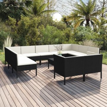 vidaXL Set mobilier de grădină cu perne, 12 piese, negru, poliratan