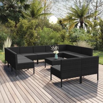 vidaXL Set mobilier de grădină cu perne, 12 piese, negru, poliratan