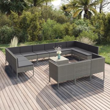vidaXL Set mobilier de grădină cu perne, 14 piese, gri, poliratan