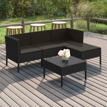 vidaXL Set mobilier de grădină cu perne, 5 piese, negru, poliratan