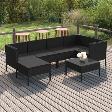 vidaXL Set mobilier de grădină cu perne, 7 piese, negru, poliratan