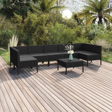 vidaXL Set mobilier de grădină cu perne, 8 piese, negru, poliratan