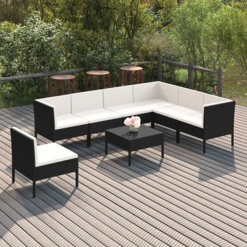 vidaXL Set mobilier de grădină cu perne, 8 piese, negru, poliratan