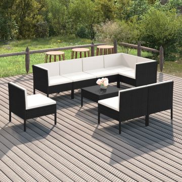 vidaXL Set mobilier de grădină cu perne, 9 piese, negru, poliratan