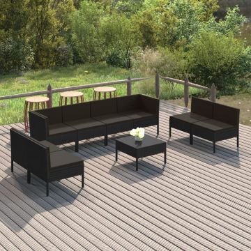 vidaXL Set mobilier de grădină cu perne, 9 piese, negru, poliratan