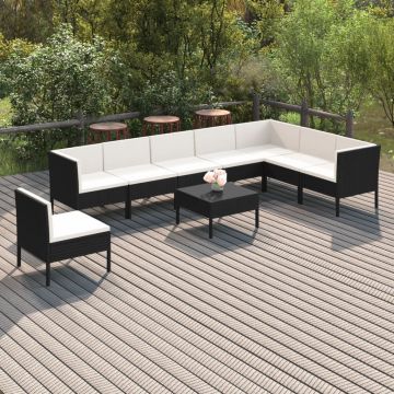 vidaXL Set mobilier de grădină cu perne, 9 piese, negru, poliratan