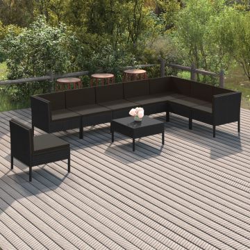 vidaXL Set mobilier de grădină cu perne, 9 piese, negru, poliratan