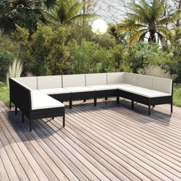 vidaXL Set mobilier de grădină cu perne, 9 piese, negru, poliratan