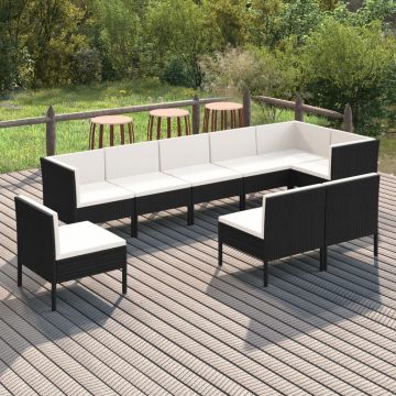 vidaXL Set mobilier de grădină cu perne, 9 piese, negru, poliratan