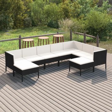 vidaXL Set mobilier de grădină cu perne, 9 piese, negru, poliratan