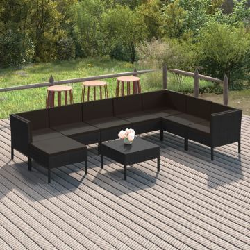 vidaXL Set mobilier de grădină cu perne, 9 piese, negru, poliratan