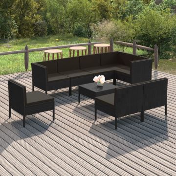 vidaXL Set mobilier de grădină cu perne, 9 piese, negru, poliratan