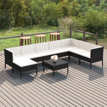 vidaXL Set mobilier de grădină cu perne, 9 piese, negru, poliratan