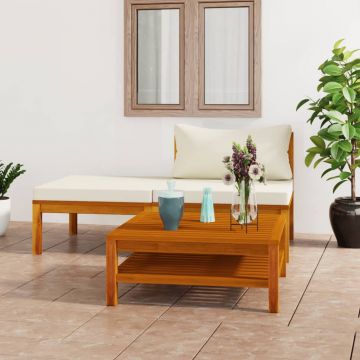 vidaXL Set mobilier grădină perne alb crem, 3 piese, lemn masiv acacia