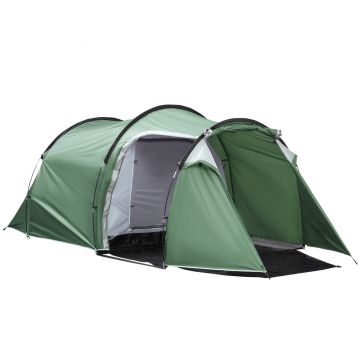 Cort Camping 4 Persoane Outsunny, Impermeabil, Usi cu fermoar 426x206x154cm Verde Inchis | Aosom Romania
