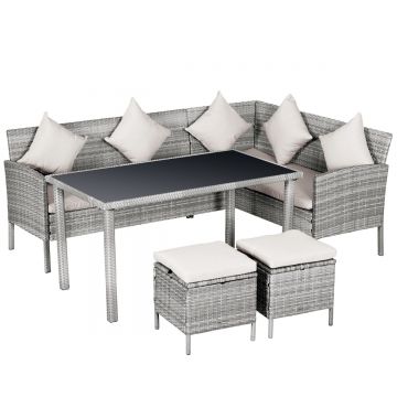 Outsunny Set 5 Piese Masa de Pranz de Exterior cu 2 Canapele 1 Masuta 2 Scaune, Mobilier de Gradina din Ratan Gri | Aosom RO