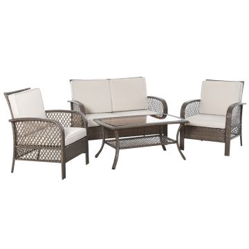 Set Mobilier de Gradina din Ratan Maro Outsunny, 4 piese, Perne Puf Kaki | Aosom RO