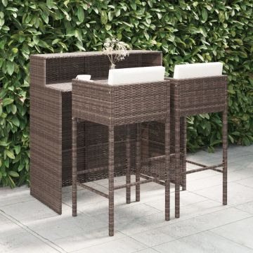 vidaXL Set mobilier bar de grădină, cu perne, 3 piese, maro, poliratan