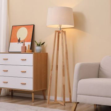 HOMCOM Lampă de podea design scandinav, lampă de podea din lemn și material cu efect de in alb, pentru camera de zi și dormitor, E27, 40W