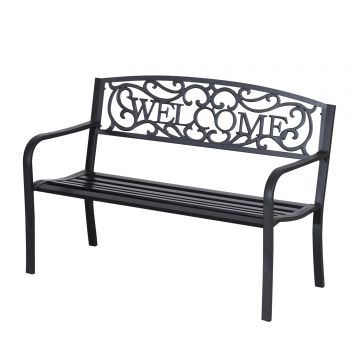 Outsunny bancă pentru exterior scaun pentru grădină 2 locuri din metal negru, Design Vintage, 127x60x87cm