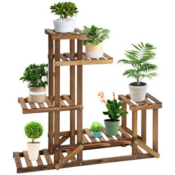 Outsunny Raft pentru Plante si Flori pe 6 Nivele Asimetric, Suport flori din Lemn pentru Gradina si Casa, Culoare Natur | Aosom Romania
