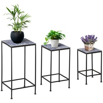 Outsunny Set 3 Suporturi pentru Plante din Metal, Plăci Ceramice cu Motive Florale, Decorativ și Funcțional, Negru | Aosom Romania