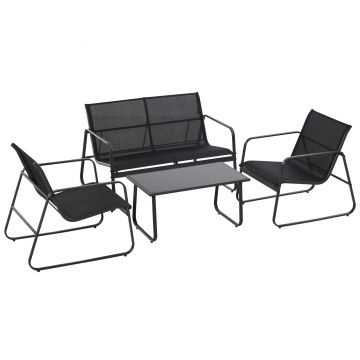 Outsunny Set Masă Bancă si 2 Scaune de Gradina, Mobilier de Exterior din Metal si Textilen, Neagra