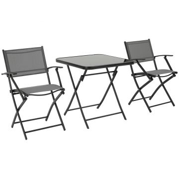 Outsunny Set Masa cu 2 Scaune de Gradina Pliabile, Set Mobilier de Gradina cu Sticla Securizata, Gri