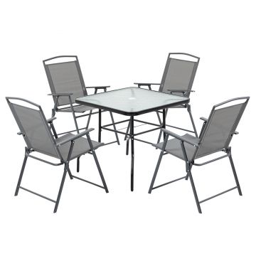 Outsunny Set Masa cu 4 Scaune de Gradina Pliabile, Set Mobiler de Gradina Blat cu Orificiu pentru Umbrela din Sticla Tratata, Negru