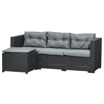 Outsunny Set Mobilier de Gradina Canapea cu 3 Locuri din Ratan PE si Suport pentru Picioare /Masuta, Perne cu husa detasabila, Neagra, Gri
