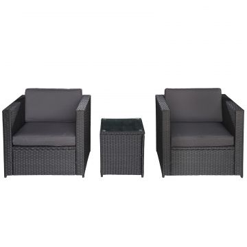 Outsunny Set Mobilier de Gradina din Ratan PE de 3 Piese cu 2 Fotolii de Exterior, Masuta pentru Cafea cu Sticla si Perne, Negru