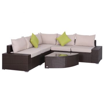 Outsunny Set Salon de Gradina din Rattan din PE de  6 Piese, Canapea cu Perne si Masuta laterală cu Raft de Sticla, Maro
