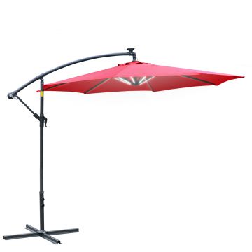 Outsunny Umbrelă de Grădină Roșu Închis cu Manivelă și Iluminat LED Solar, Rezistentă la Apă și UV, Φ295x245cm | Aosom Romania