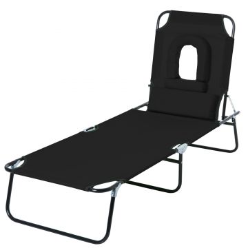 Sezlong Pliabil Outsunny cu Orificiu pentru Fata si Perne, pentru Gradina, Plaja si Camping, Negru | Aosom Romania Sezlong Pliabil Outsunny cu Orificiu pentru Fata si Perne, pentru Gradina, Plaja si Camping, Negru | Aosom Romania