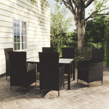 vidaXL Set mobilier de exterior cu perne, 7 piese, negru, poliratan