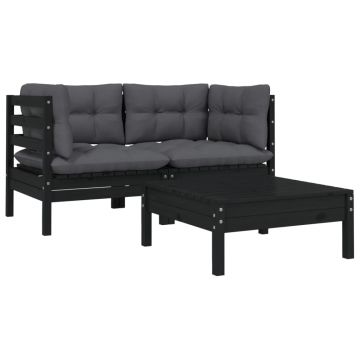 vidaXL Set mobilier grădină cu perne, 3 piese, negru, lemn masiv pin