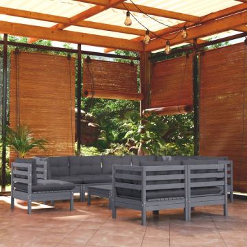 vidaXL Set mobilier de grădină cu perne 10 piese gri lemn masiv de pin