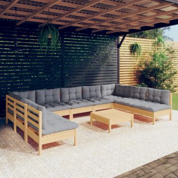 vidaXL Set mobilier de grădină cu perne, 10 piese, gri, lemn masiv pin