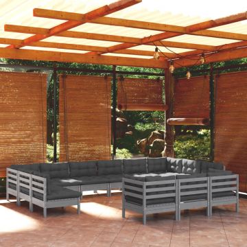 vidaXL Set mobilier de grădină cu perne, 13 piese, gri, lemn masiv pin