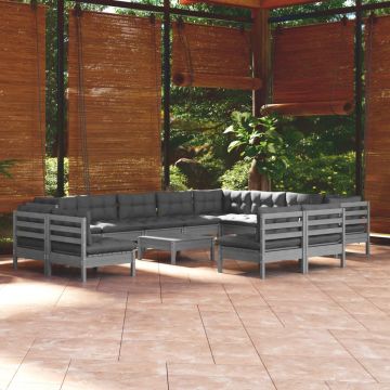 vidaXL Set mobilier de grădină cu perne, 13 piese, gri, lemn masiv pin