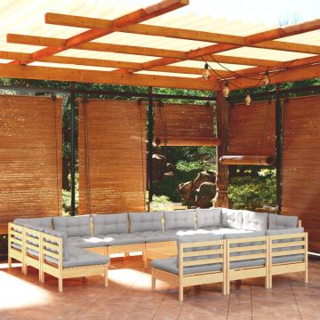 vidaXL Set mobilier de grădină cu perne, 14 piese, gri, lemn masiv pin